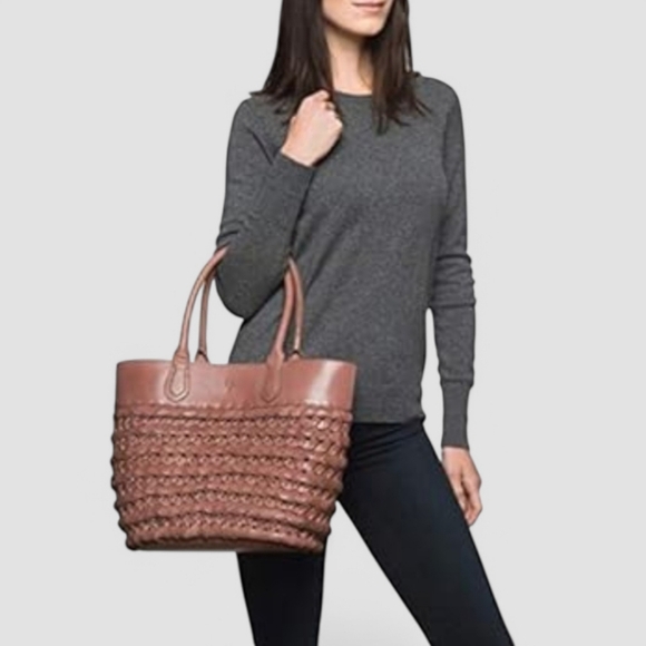 Rare FRYE Leather Woven Tote Shoulder Bag Satchel Taupe Basket Weave Boho - Picture 3 of 16